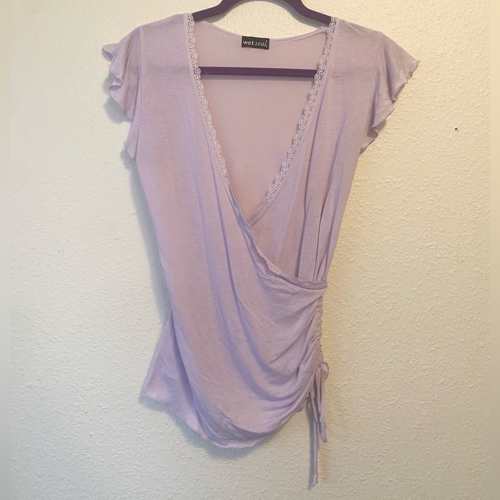 Wet Seal Lavender Wrap Shirt with Ruffle Sleeves and Lace Trim